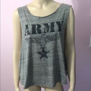 gray army graphic tank top with fun details